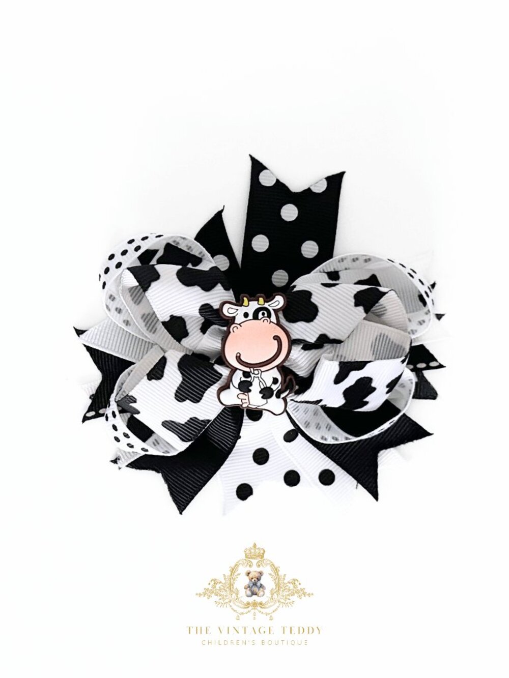 NWT Adorable Girls Hair Bow Grosgrain Ribbon Little Cow Charm Polkadots 4" Inch